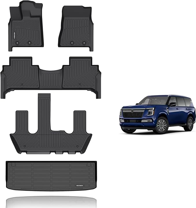 KELCSEECS® Floor Mats & Cargo Liner Custom for Nissan Armada/Infiniti QX80 2026 2025 7 Seats Bucket Seat Waterproof All Weather Guard Automotive Liners Front& Rear& 3rd Row Full Set Accessories Black