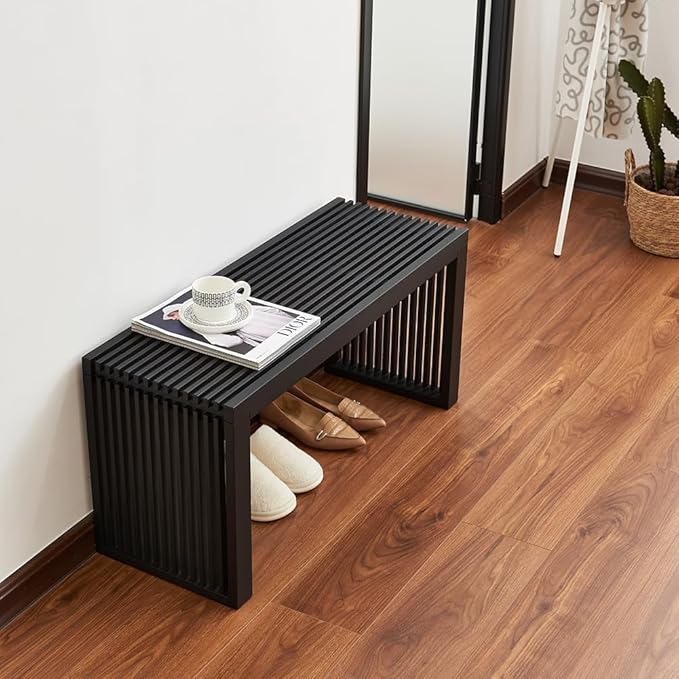 Berkvee Versatile Wooden Slatted Bench - Sleek Modern Design for Dining, Entryway, Bedroom - Indoor Use with Storage Capability for Home, Kitchen, Bathroom & Beyond (Black)
