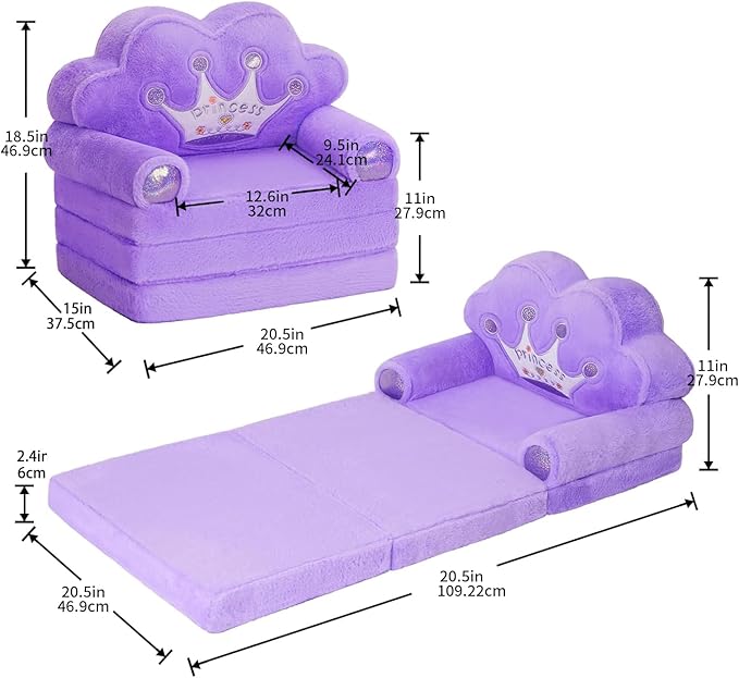 MOONBEEKI Toddler Chair Comfy，Foldable Princess Couch for Girl, Toddler Recliners for Kids Over 18 Months, Kids Furniture for Bedroom and Playroom, Purple