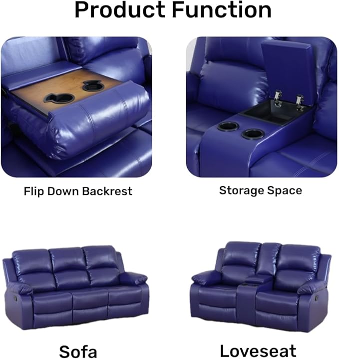 AYCP Bonded Leather 3-Piece Sofa Set, Blue, Manual Recline, Loveseat, Storage, Coffee Table, Artificial Leather, Living Room