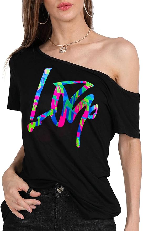 MAGICMK Women’s Short Lips Print Causal Off The Shoulder Plus Size T-Shirt Tops