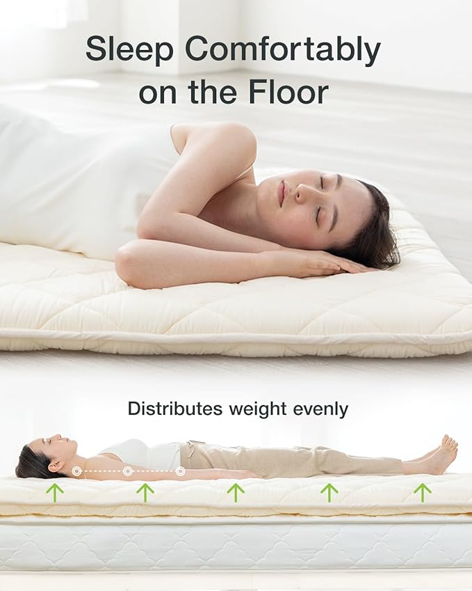 FULI Japanese Futon, Foldable & Portable Floor Lounger Bed, Roll Up Sleeping Pad, Shikibuton, Made in Japan (White, Full XL)