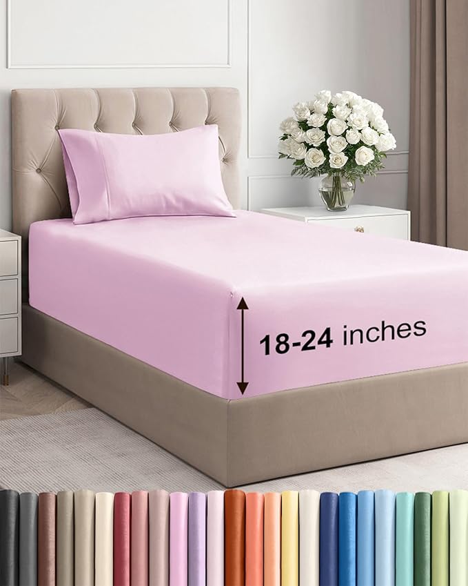 Extra Deep Pocket Twin XL Sheets - 3 Piece Breathable & Cooling Bed Sheets - Hotel Luxury Bed Sheet Set - Soft, Wrinkle Free & Comfy - Easily Fits Extra Deep Mattresses - Deep Pocket Light Pink Sheets