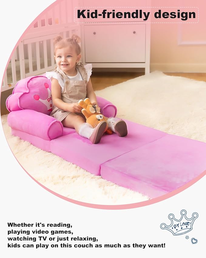 MOONBEEKI Kids Couch Fold Out, Foldable Princess Chair for Toddlers 1-3, Kids Furniture for Playroom, Gift for Birthday Christmas and Halloween, Purple