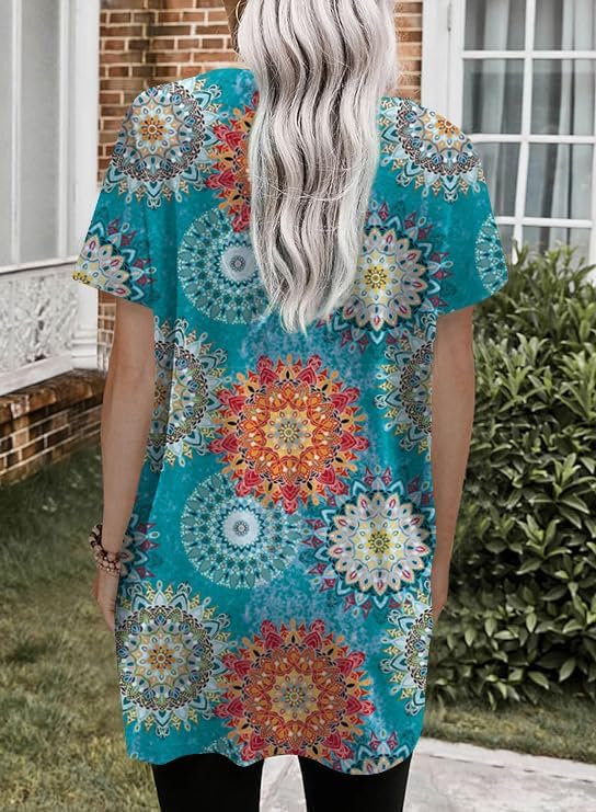 Poetsky Summer Womens Tunic Tops for Leggings with Pockets Short Sleeve Casual Long T Shirts S-3XL