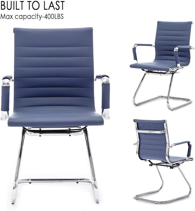 DM Furniture Office Desk Chair No Wheels Set of 4 PU Leather Computer Chairs Mid Back Guest Chairs for School Reception Conference Waiting Room, Navy Blue
