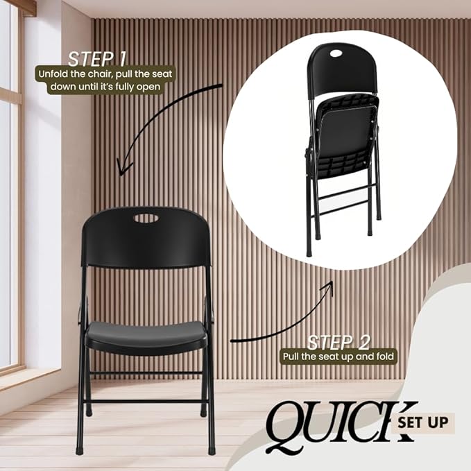 Amazing for less 8-Pack Heavy Duty Plastic Folding Chair, 450 lbs Capacity Foldable Chairs for Indoor Outdoor, Stackable Portable Seating for Party, Wedding, Patio, Backyard, Office (Black)