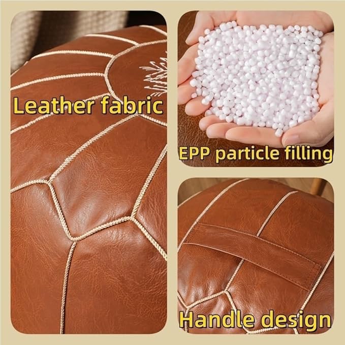 Vintage Leather Pouf Ottoman Round Meditation Cushion Floor Pouf Footrest Retro Fashion Style Floor Cushion for Living Room Solid Construction(Brown)