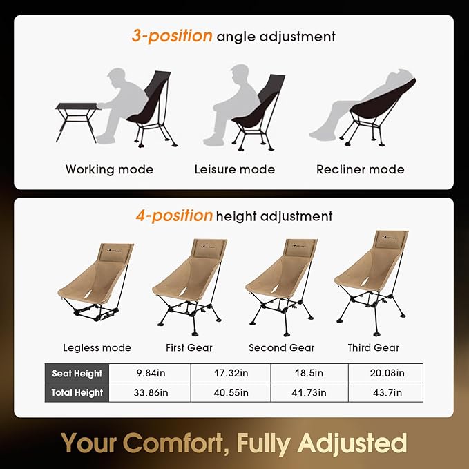 MOON LENCE Oversized High Back Camping Chair for Adults, Height Adjustable Folding Camping Chair with 400 lbs Capacity, Hidden Pillow Pocket and Wide Seat for Camping, Hiking, Picnics, Khaki