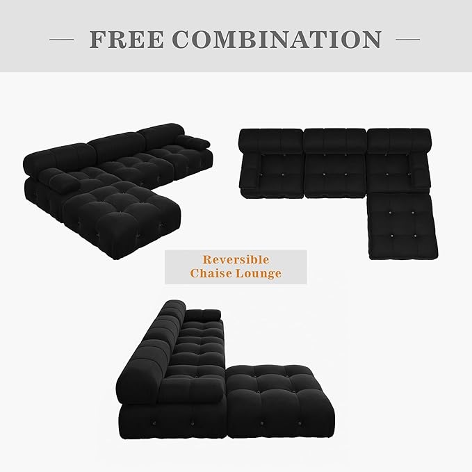 JACH 104'' Modern Sectional Sofa, L-Shaped Minimalist Velvet Floor Sofas Couches, Couch Sectional with Reversible Chaise Ottoman for Living Room Office Apartment (3 Seats,1 Ottoman, Black)