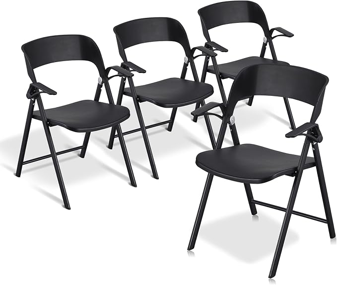 Folding Office Chair, Plastic Folding Chairs with Detachable Armrest, Stackable Dining Chairs, Portable Foldable Chair for Indoor, Outdoor, Wedding, Party, Picnic, Yard, Garden (Black, 4Pack)