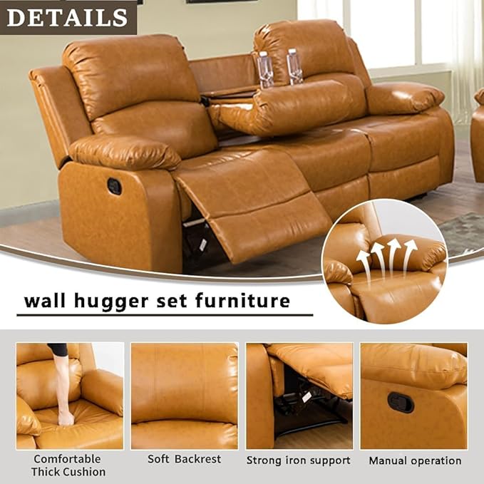 AYCP Bonded Leather Living Room Furniture Set Reclining Sofa Set Loveseat Furniture Sets in Living Room Sofa Recliners (Sofa, Ginger)