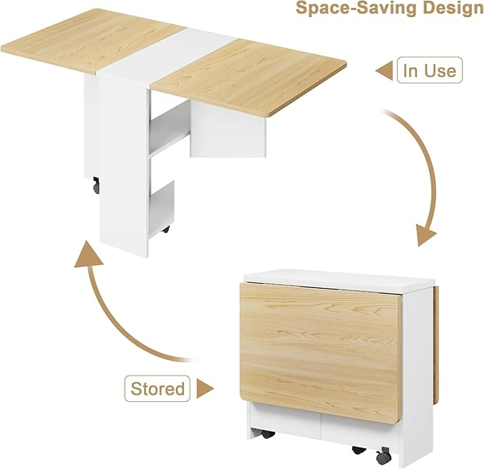 IDEALHOUSE Folding Dining Table, Drop Leaf Dining Table with 6 Wheels and 2-Layer Storage Shelf, Space Saving Kitchen Table for Small Spaces (Natural Wood, 47.2" D x 23.6" W x 29.5" H)