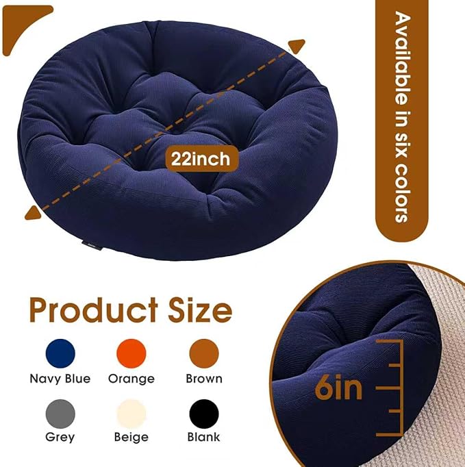 2Pcs Floor Pillows for Adults, 22x22x6 Inch Meditation Cushions, Large Round Sitting Cushion Living Room Memory Foam Pillow for Sitting (2, Navy, 22x22x6 Inch)