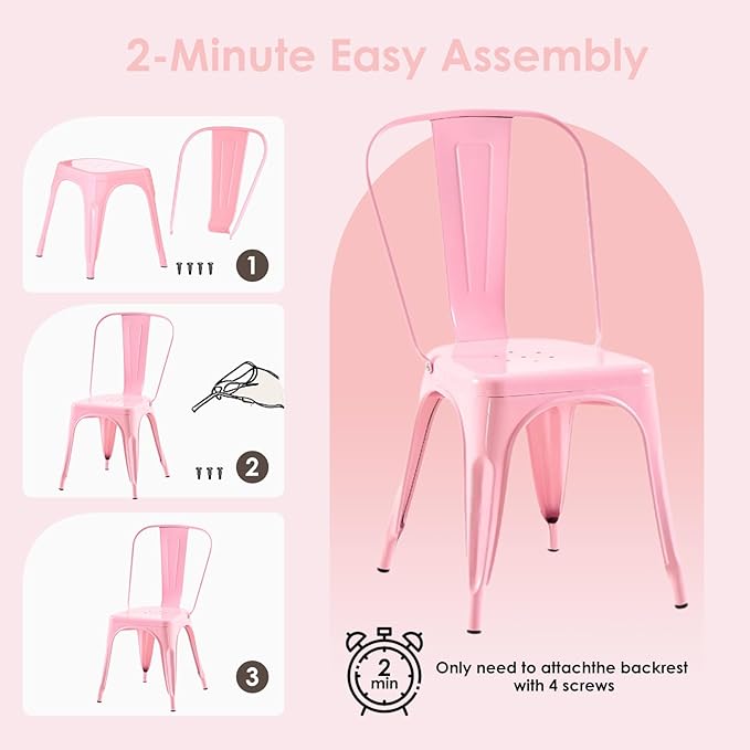 Metal Dining Chairs Set of 2,Stackable Tolix Chair Indoor/Outdoor for Kitchen,Cafe,Restaurant,Bistro & Patio Multiple Colors(Pink)