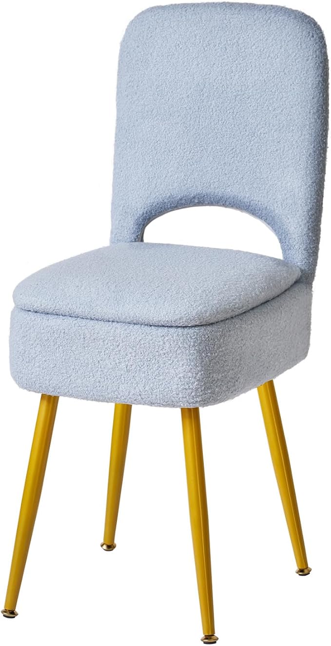 IBUYKE Small Storage Vanity Stool with Folding Backrest, 12.99" x 13.78" x 31.5" Square Teddy Velvet Ottoman, Makeup Chair for Living Room, 4 Metal Legs with Anti-Slip Feet, Blue WBD027H