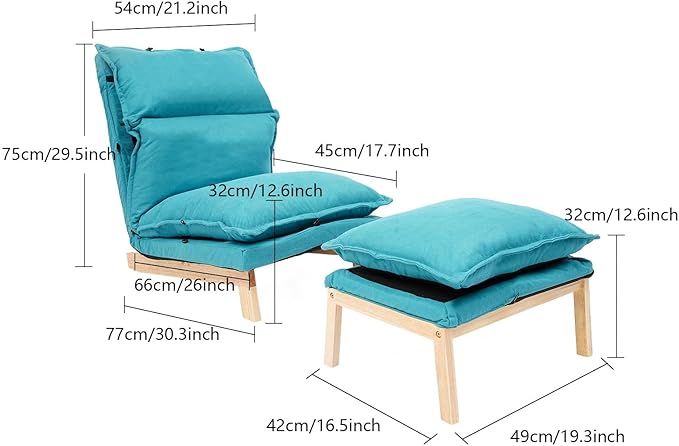 Single Lazy Leisure Chair, Adjustable Recliner Balcony Reclining Japanese Tatami Chair with Ottoman, Floor Seating Lounge Chair with Backrest and Footrest, Upholstered Chair for Living Bedroom (Blue)