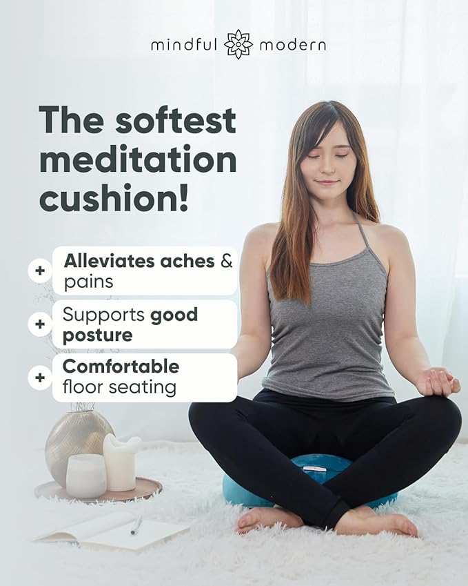 Mindful Modern Velvet Meditation Cushion | Luxe Zafu Yoga Floor Pillow Seat | Posture Support | Buckwheat Hull Filled | Large Round Cushion with Removable Washable Cover + Carry Handle