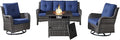 Belord Outdoor Patio Furniture Set with 50000BTU Propane Fire Pit Table, 4 Pieces Wicker Patio Conversation Set with 2 Swivel Rocker Glider Chairs Rattan Sofa Blue Cushion Perfect for Gathering