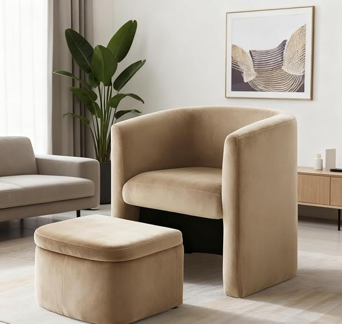 MALOL Mid-Century Velvet Living Room Chair with Storage Ottoman, Space-Saving Accent Chairs for Bedroom/Reading Spaces/Office, Khaki