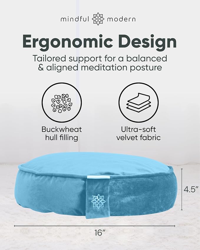 Mindful Modern Velvet Meditation Cushion | Luxe Zafu Yoga Floor Pillow Seat | Posture Support | Buckwheat Hull Filled | Large Round Cushion with Removable Washable Cover + Carry Handle