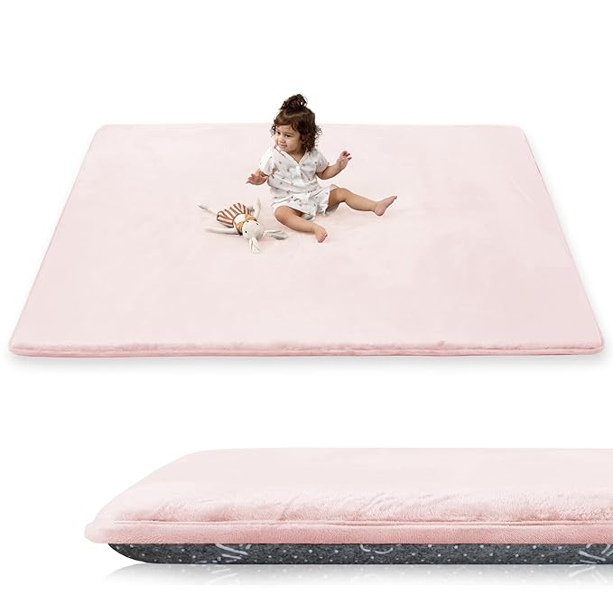 PaPaMat 1.5" Super Thick Baby Play Mat for Floor, 79x118 Pro Soft Flannel Foam Mats for Toddler Infant Kids Crawling for Nursery Rug Playroom Living Room Waterproof Easy Care Non-Slip (Baby Pink)