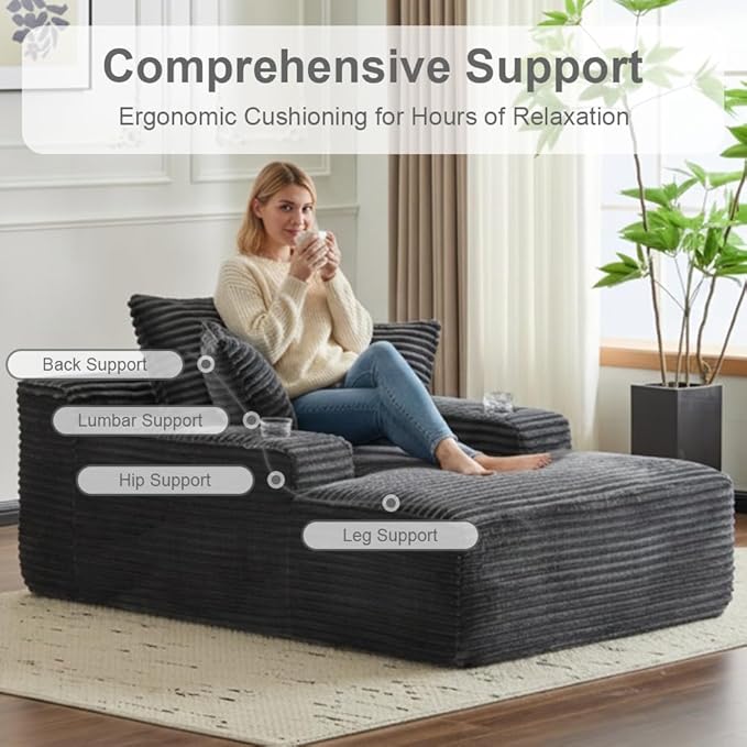 66" Oversized Chaise Lounge Sofa Chair Indoor, Modern Corduroy Single Sleeper Couch Chair with 3 Soft Pillows＆Cup Holder, Boneless Cloud Couch Single Seat Sofa Bed for Living Room Office (Dark Grey)