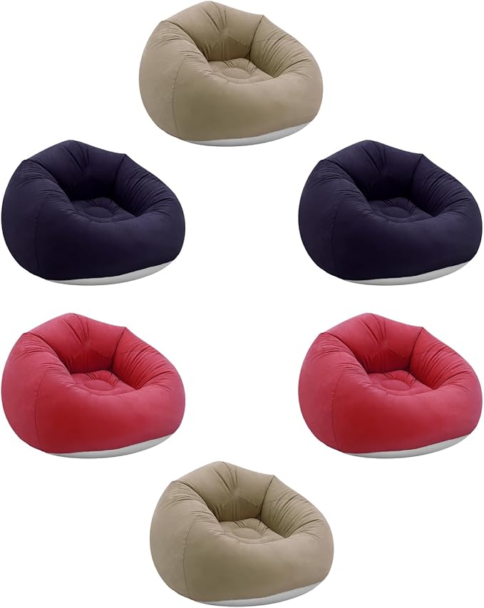 6 Pcs Bean Bag Chairs for Adults, Inflatable Chairs with Foot Pump, Folding Blow Up Couch, Flocking Portable Lazy Sofa for Movie Night, Living Room, Camping, 220lbs Load Capacity, Brown+Navy Blue+Red