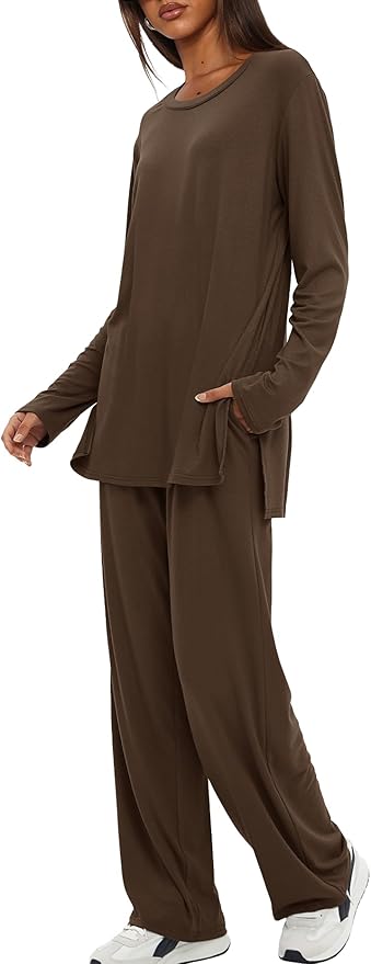Darong Women's 2 Piece Lounge Set Casual Long Sleeve Crew Neck Tops Wide Leg Pants Travel Airport Outfit Matching Sets