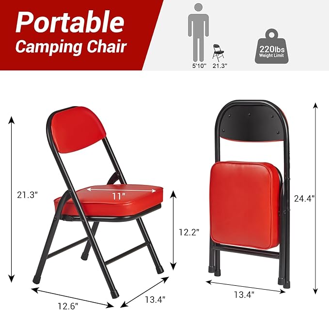 fusehome Mini Padded Folding Chairs, Garage Stool, Portable Camping Chair with Cushion, Lightweight Lawn Chair, for Outdoor Sports Events, Patio, Fishing, Hiking, Hunting, Picnic, Beach, Red