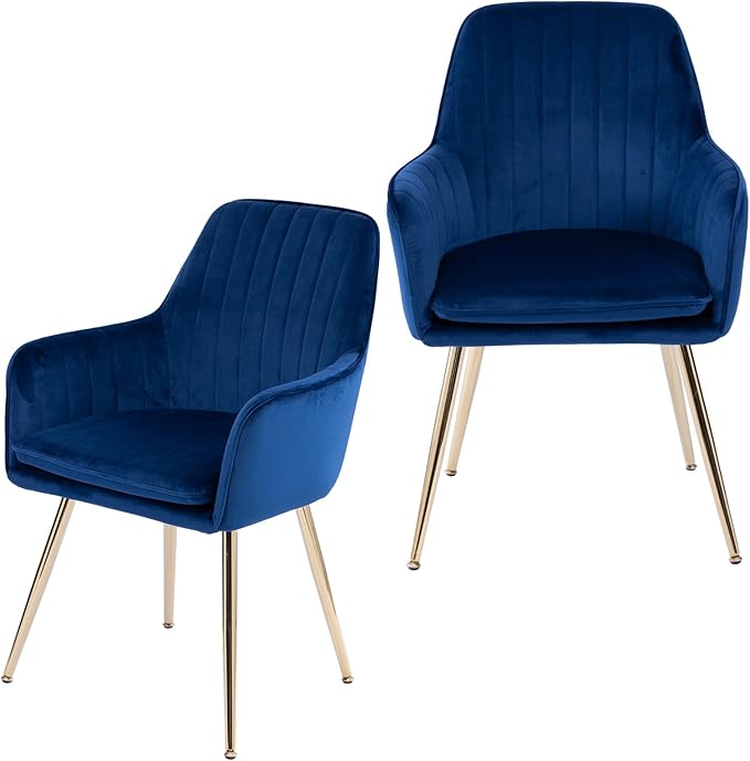 Purgreen Velvet Dining Chair Set of 2 - Modern Mid-Back Accent Chair with Gold Plating Legs - Comfy Upholstered Chair for Living Room，Restaurant & Reception Room (Velvet Blue, Set of 2)