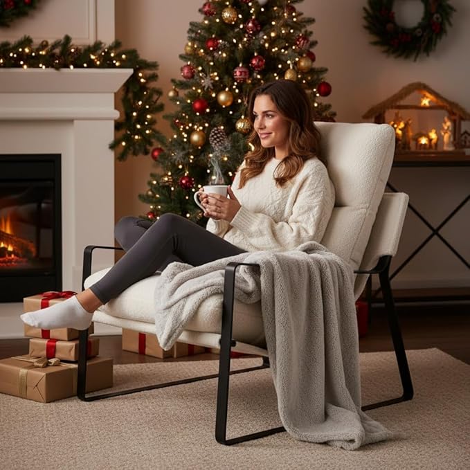 LukeAlon Modern Sherpa Accent Armchairs Set of 2, Upholstered Living Room Chairs with Metal Base Thickened Cushion Single Sofa Chairs Comfy Lounge Chairs for Bedroom Living Room, White
