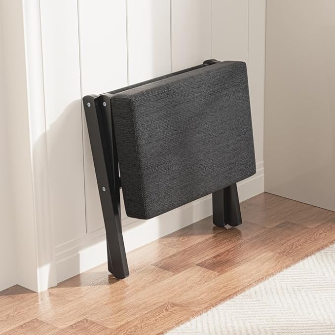 Foldable Foot Stool Ottoman, Modern Foot Rest with Bamboo X Legs & Thick Foam Cushion, Folding Foot Stools Small Padded for Bedroom Living Room, Footstool for Chair Couch (Black - Black)