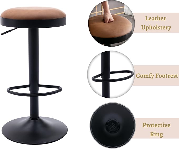 EALSON Modern Swivel Bar Stools Set of 2 Adjustable Counter Height Backless Barstools with Metal Base Leather Upholstered Round Bar Stool Chairs for Kitchen Island/Pub/Breakfast Bar, Brown