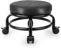Low Roller Stool Low Height Rolling Stool Seat PU Leather Small Chair Foot Stool Round Rolling Stools for Home Office Garage Shop (Black)