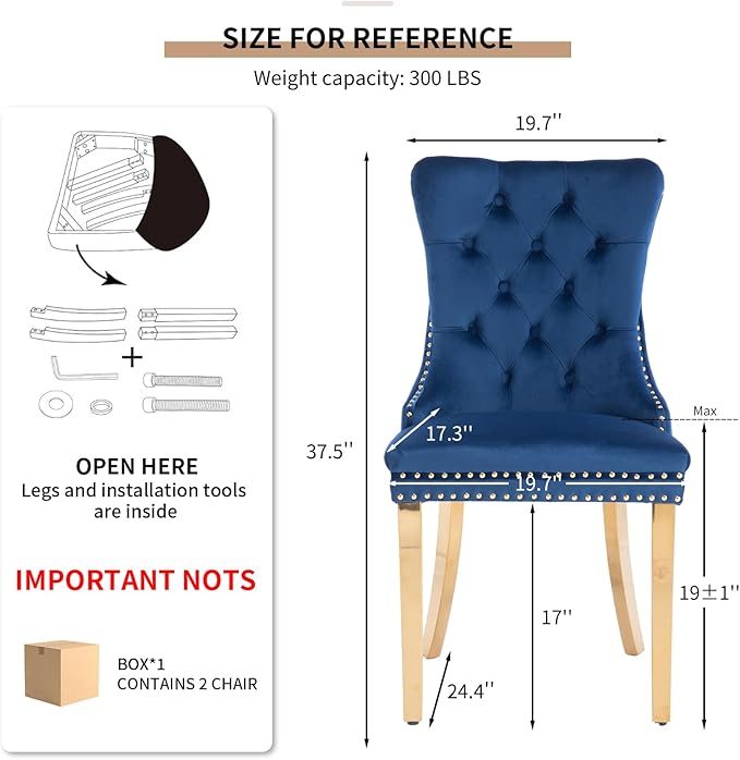 YeahFurn Mid Century Modern Dining Chairs Set of 2, Blue Velvet Upholstered Tufted Back, Kitchen & Dining Room Chairs, Gold Metal Legs, Nailhead Trim, Sillas para Comedor (Blue, 2 Pcs)