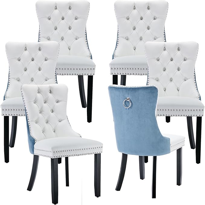 YeahFurn Modern Dining Chairs Set of 6, Tufted Upholstered Dining Room Chairs with Nailhead, PU Leather Front & Velvet Back, Solid Wood Legs, Kitchen Chairs, Sillas de Comedor (White & Light Blue)