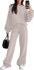 Sweetyweee Women's 2 Piece Outfits Set Fleece Lined Lounge Sweatsuit Crewneck Pullover Top Wide Leg Pants Casual Tracksuit