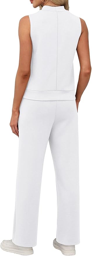 XIEERDUO Two Piece Sets for Women Summer Outfits Travel Mock Neck Lounge Sets Wide Leg Pants Beach Vacation Clothes