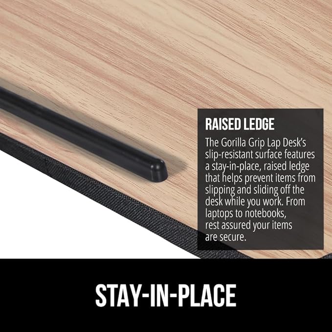 GORILLA GRIP Laptop Lap Desk with Phone Holder, Pillow Cushion Desks Fit Laptops up to 15.6", Gifts for Home, Portable Travel Workstation, Tray Ledge Keep Computers in Place, Light Wood Color