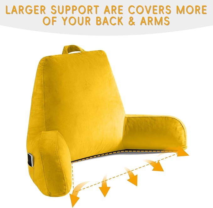 OAISZ Reading Pillow for Sitting in Bed Adult, X-Large Reading Pillow with Shredded Memory Foam, Back Pillow for Sitting Up with Extend Arms, Pockets, Bed Pillow with Washable Cover, Yellow