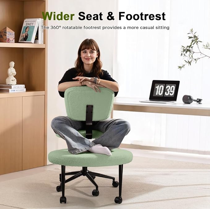 Waleaf Ergonomic Cross Legged Office Chair, ADHD Chair for Adults, Height Adjustable Meditation Chair with Wheels, Teddy Fabric Yoga Kneeling Chairs with Comfortable Back Support (Green)