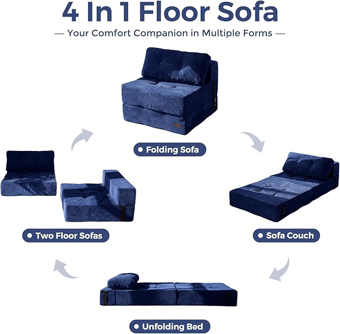 MAXYOYO Folding Sofa Bed, Convertible Chair Bed with High-Density Support Foam, Portable 4 in 1 Fold Out Seating to Floor Lounger, Versatile Floor Sofa Couch for Living Room Bedroom, Navy