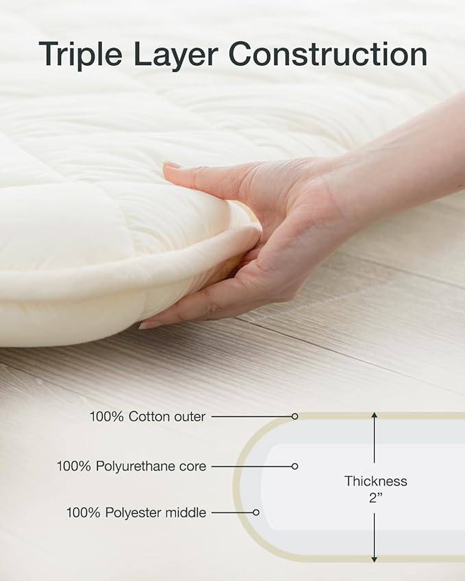 FULI Japanese Futon, Foldable & Portable Floor Lounger Bed, Roll Up Sleeping Pad, Shikibuton, Made in Japan (White, Full)