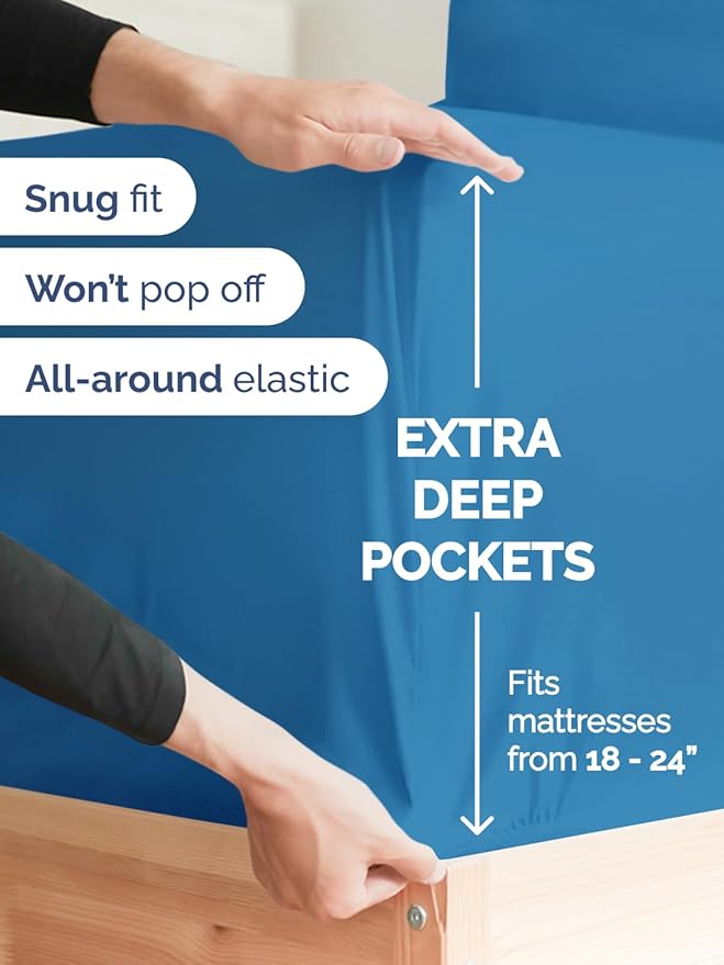 Extra Deep Pocket Twin XL Sheets - 3 Piece Breathable & Cooling Bed Sheets - Hotel Luxury Bed Sheet Set - Soft, Wrinkle Free & Comfy - Easily Fits Extra Deep Mattresses - Deep Pocket Denim Blue Sheets