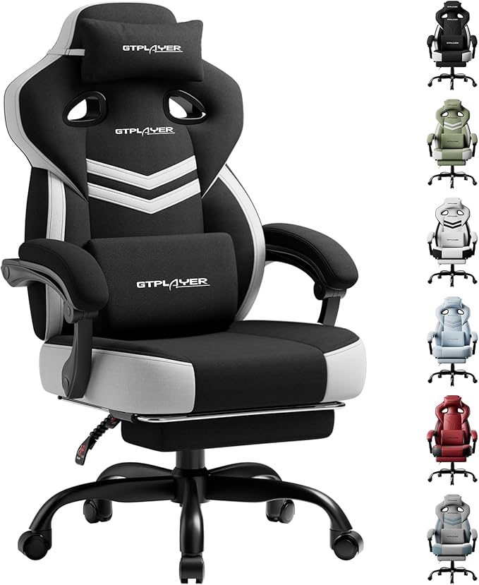 GTPLAYER Gaming Chair, Computer Chair with Footrest and Lumbar Support for Adults, 360°-Swivel Big & Tall Reclining Seat for Office or Gaming (Black&White)