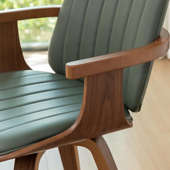 WUPOTO MCM Dining Chairs, Set of 2 Mid Century Modern Chairs with Walnut Craftsmanship, Upholstered Faux Leather, Wooden Arms and Legs, Faux Leather Dining Chairs for Kitchen/Living Room - Green