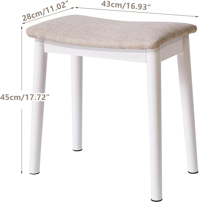 IBUYKE Saddle Cushion Vanity Stool Chair, Foot Rest Stool with Solid Wood Legs, Modern Vanity Bench Ottoman for Piano, Upholstered Seat for Bedroom, Entryway, White Legs&Light Linen WBD007WY