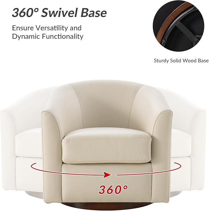 HULALA HOME Genuine Leather Swivel Accent Chairs Set of 2 with Solid Wood Base, Round Swivel Barrel Chairs for Living Room and Bedroom, No Assembly Required, Beige