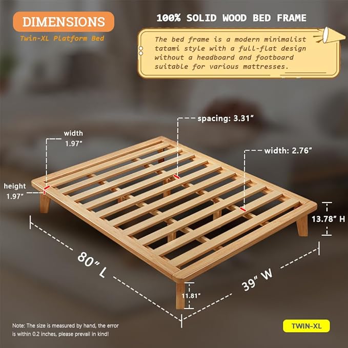 NELYE Twin-XL Platform Bed Base - 14 Inch Solid Wood Mattress Foundation with Support Slats and Legs, Twin XL Size Rubberwood Simple Bed Frame
